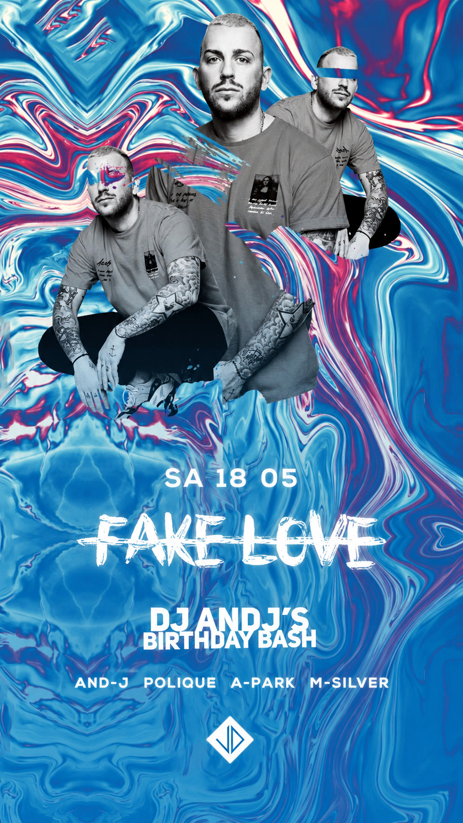 Fake Love birthday event flyer featuring DJ AND-J